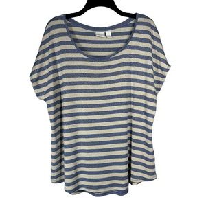 Chico’s Women’s Sz 3(XL) Blue Cream Striped Metallic Short Sleeve Top